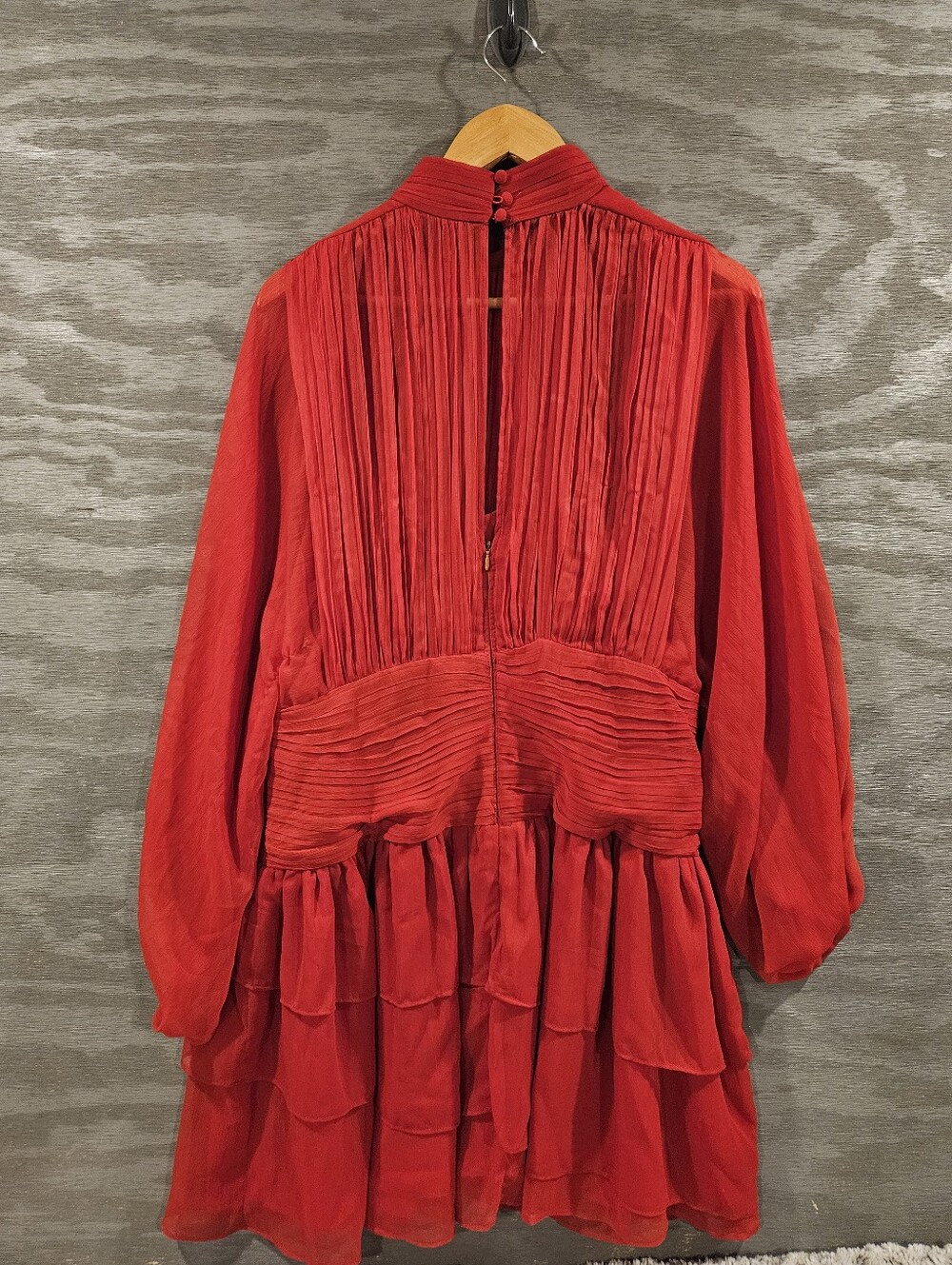 Express SZ 14 Red Mini Dress Lined Pleated Tiered Semi Sheer Balloon Sleeve - Picture 3 of 11